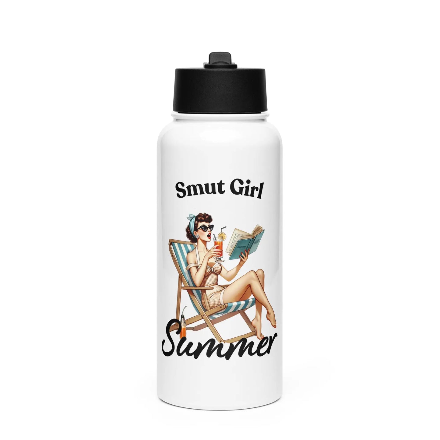 The TBRaring Bookish Shop Smut Girl Summer stainless steel water bottle with a straw lid features a vintage illustration of a book lover and “Smut Girl Summer” text—perfect for showing off your spicy reading vibes all season!.