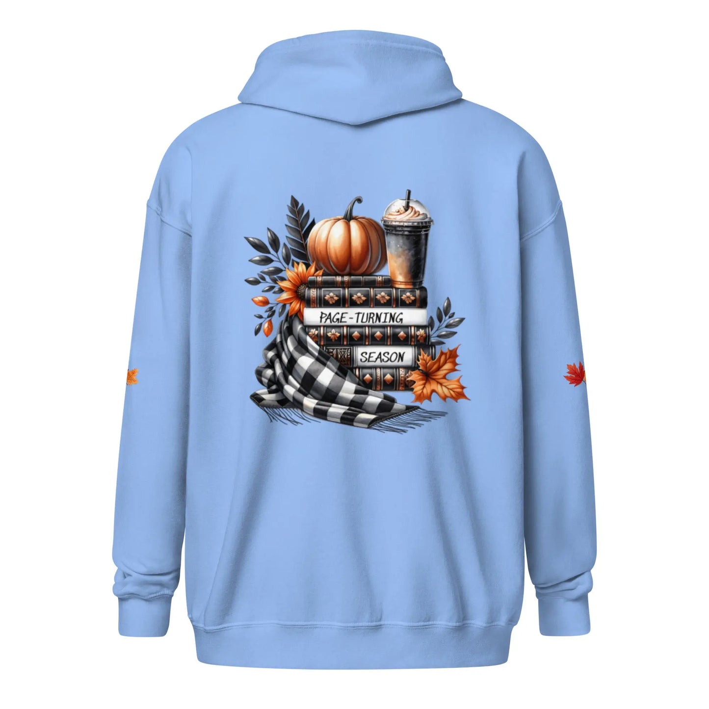 Page Turning Season Unisex heavy blend zip hoodie with leaf print on sleeves - TBRaring