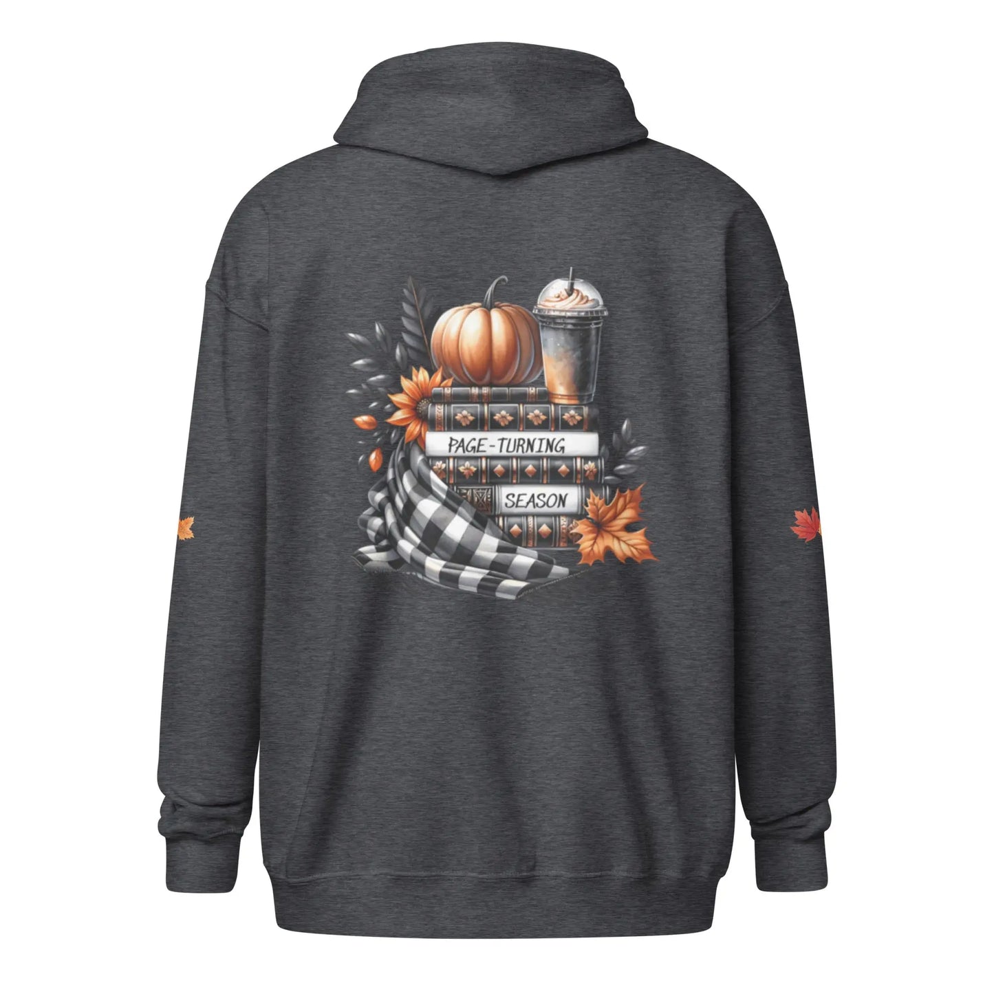 Page Turning Season Unisex heavy blend zip hoodie with leaf print on sleeves - TBRaring