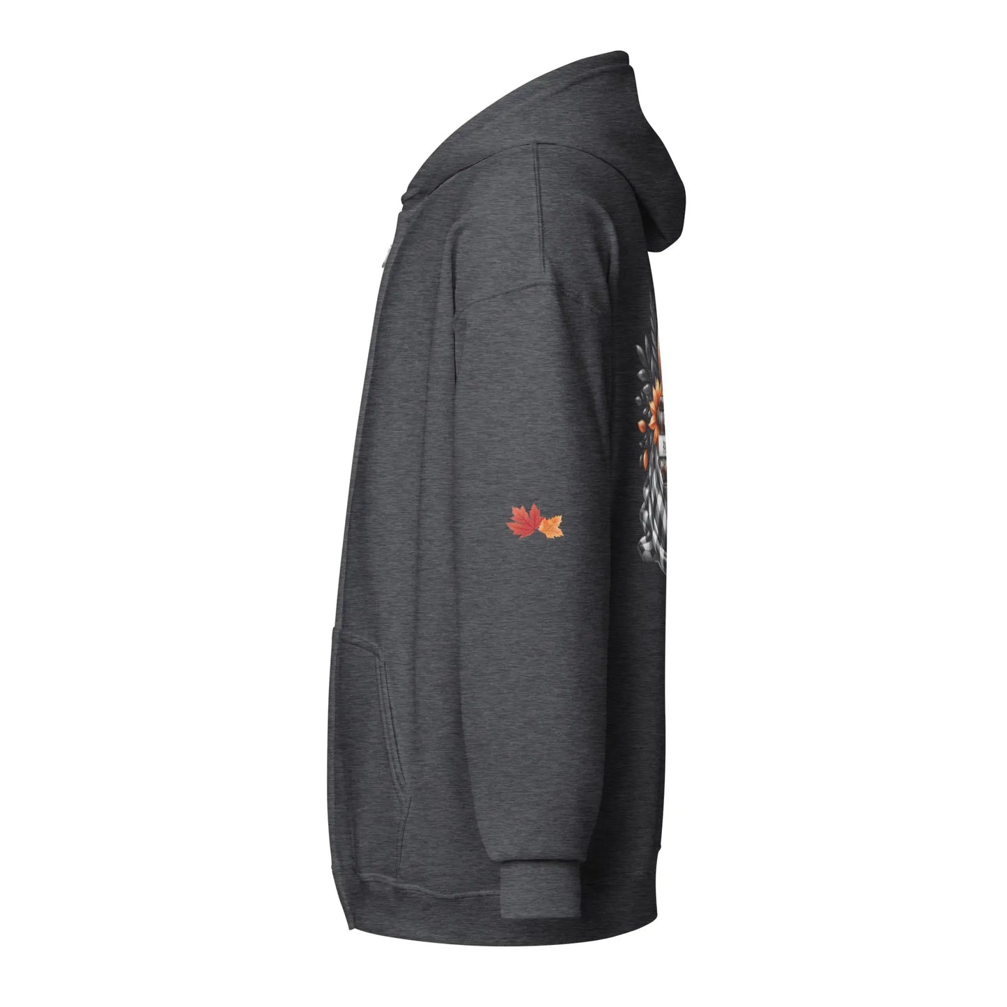 Page Turning Season Unisex heavy blend zip hoodie with leaf print on sleeves - TBRaring