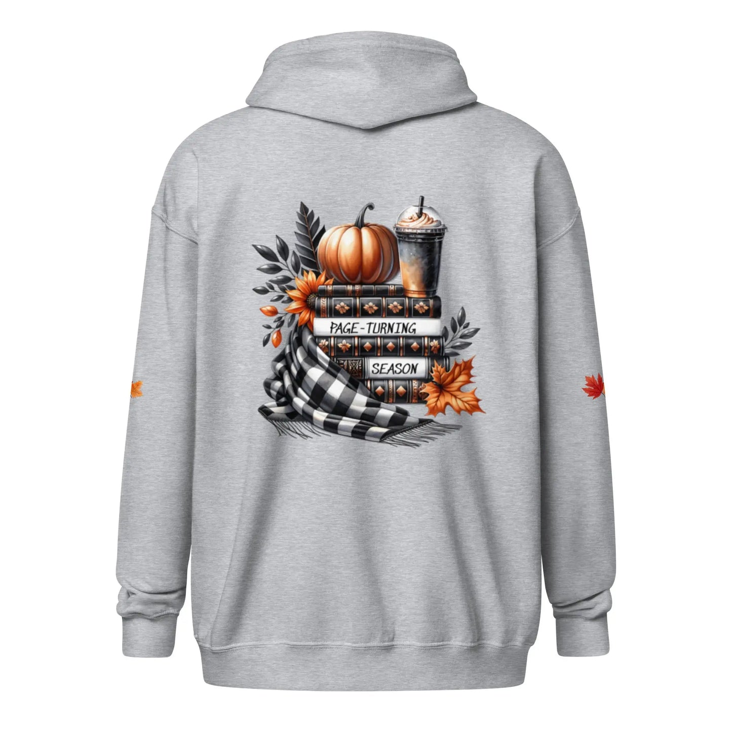 Page Turning Season Unisex heavy blend zip hoodie with leaf print on sleeves - TBRaring
