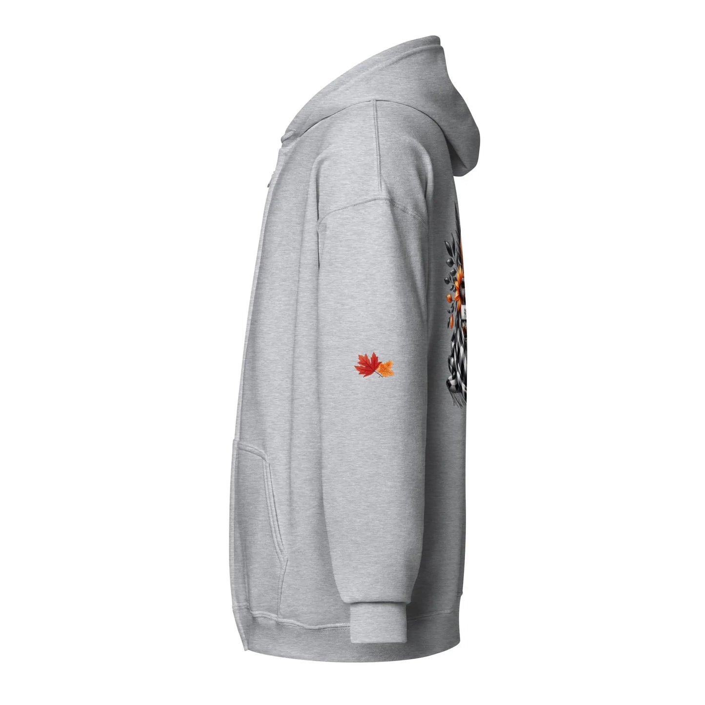 Page Turning Season Unisex heavy blend zip hoodie with leaf print on sleeves - TBRaring