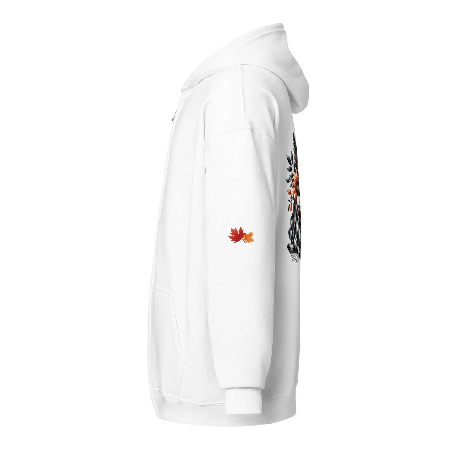 Page Turning Season Unisex heavy blend zip hoodie with leaf print on sleeves - TBRaring