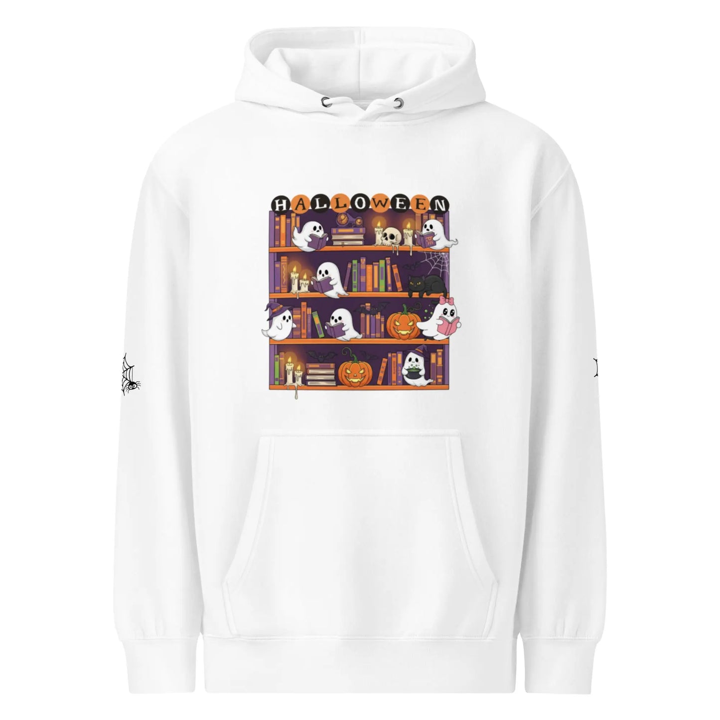 Halloween Ghost Bookcase Hoodie With Spider Webs On Sleeves - TBRaring