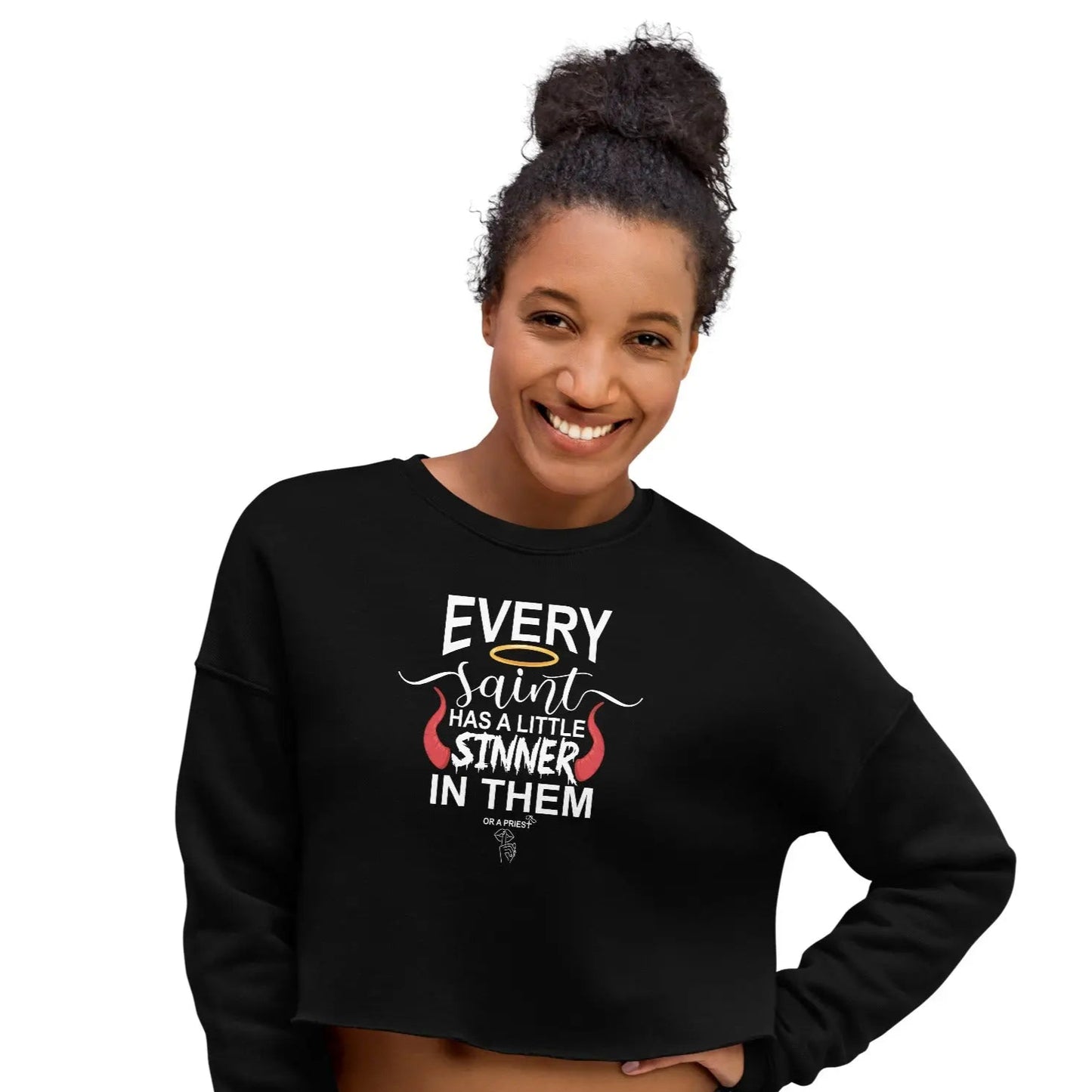 "Every Saint Needs A Little Sinner" Crop Sweatshirt bookish merch - TBRaring