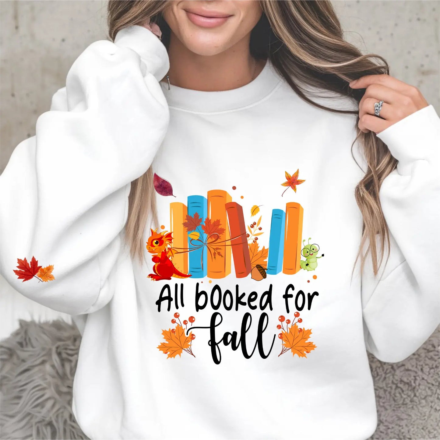All Booked For Fall Unisex Sweatshirt With Leaves on Sleeves - TBRaring