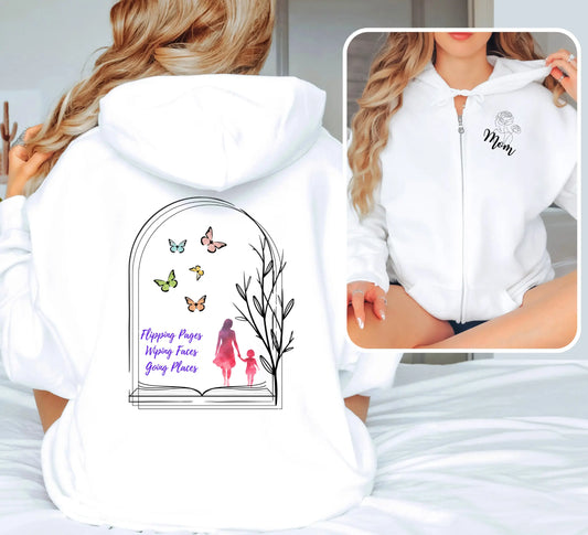 "Flipping Pages Wiping Faces Going Places" Unisex heavy blend zip hoodie bookish merch - TBRaring