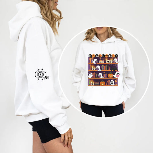 Halloween Ghost Bookcase Hoodie With Spider Webs On Sleeves - TBRaring