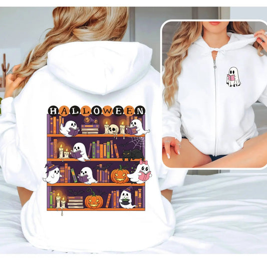Halloween Ghost Bookcase zip hoodie Front and Back - TBRaring