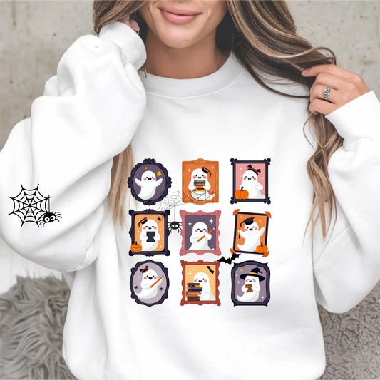 Ghost Teacher Picture Frame Sweatshirt With Spider Webs On Sleeves - TBRaring