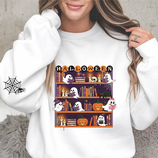 Halloween Bookcase Sweatshirt With Spider Webs On Sleeves - TBRaring