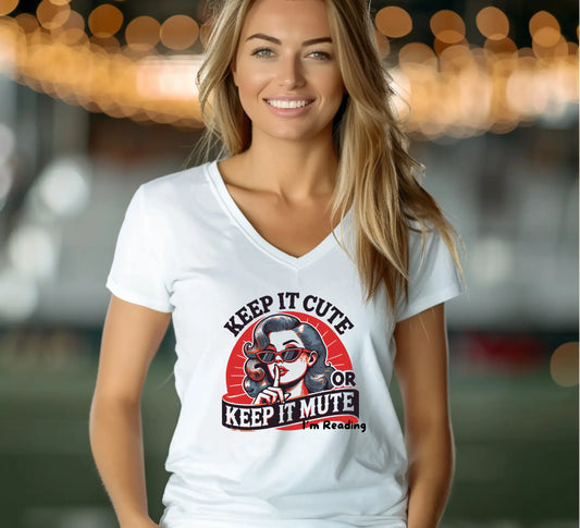"Keep It Cute or Keep it Mute, I'm Reading" Women’s relaxed v - neck t-shirt bookish merch - TBRaring