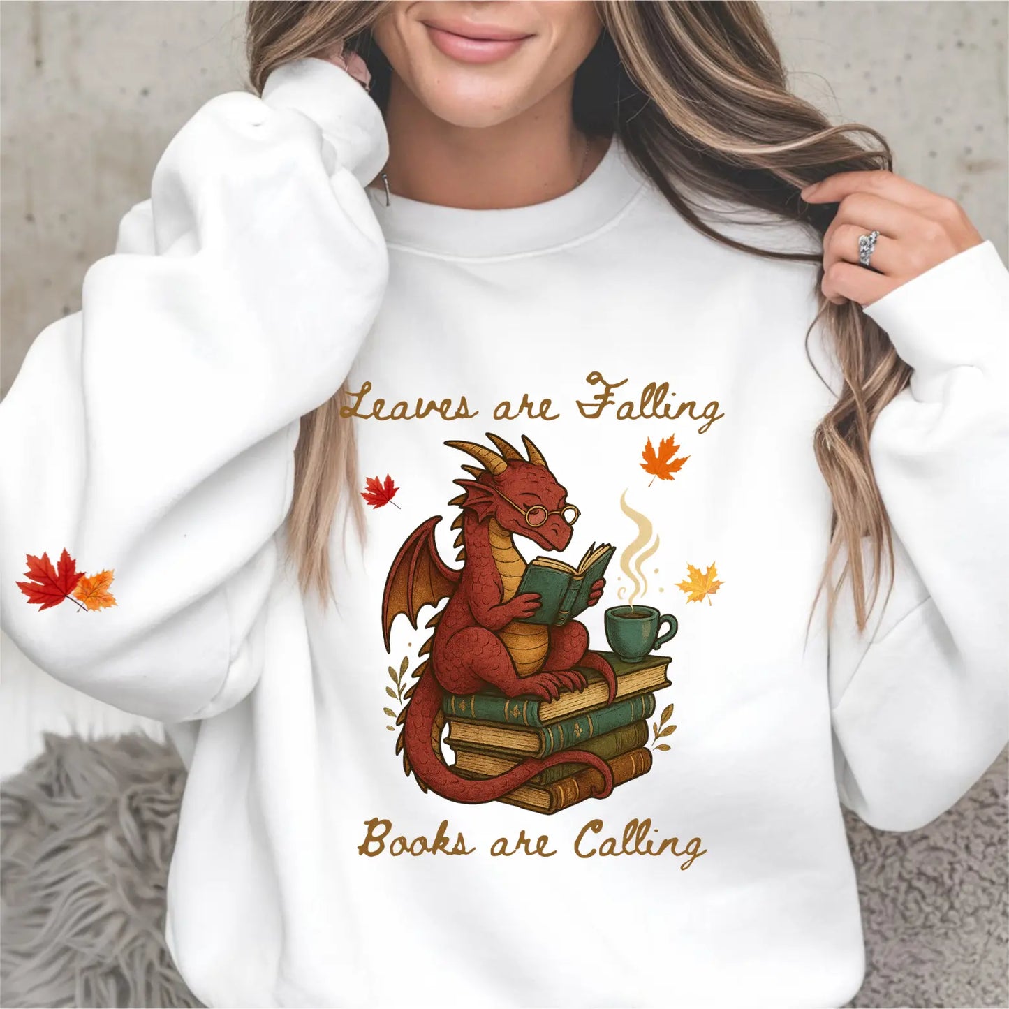 Leaves Are Falling Books Are Calling Unisex Sweatshirt With Leaves on Sleeves - TBRaring