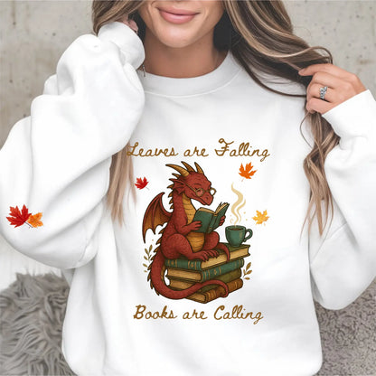 Leaves Are Falling Books Are Calling Unisex Sweatshirt With Leaves on Sleeves - TBRaring