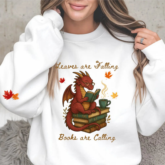 Leaves Are Falling Books Are Calling Unisex Sweatshirt With Leaves on Sleeves - TBRaring