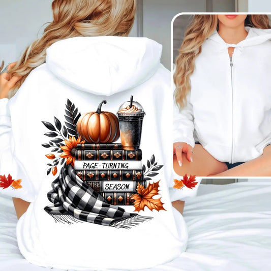 Page Turning Season Unisex heavy blend zip hoodie with leaf print on sleeves - TBRaring