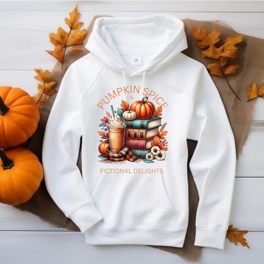 Pumpkin Spice & Fictional Delights Unisex Hoodie With Leaves on Sleeves - TBRaring