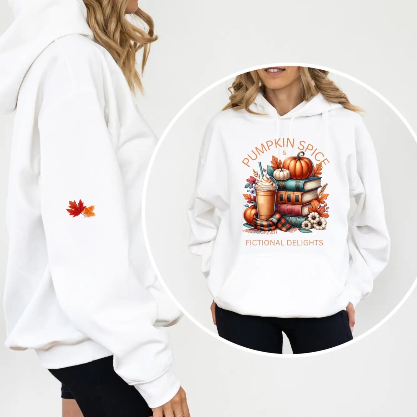 Pumpkin Spice & Fictional Delights Unisex Hoodie With Leaves on Sleeves - TBRaring