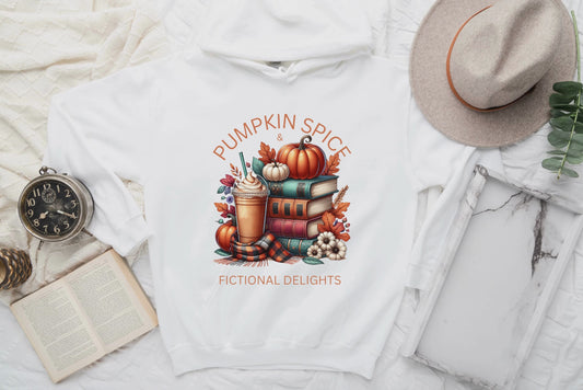 Pumpkin Spice & Fictional Delights Unisex Hoodie With Leaves on Sleeves