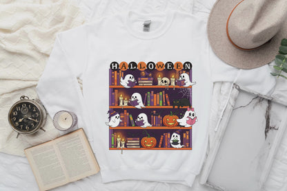 Halloween Bookcase Sweatshirt With Spider Webs On Sleeves