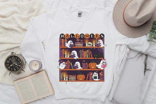 Halloween Bookcase Sweatshirt With Spider Webs On Sleeves