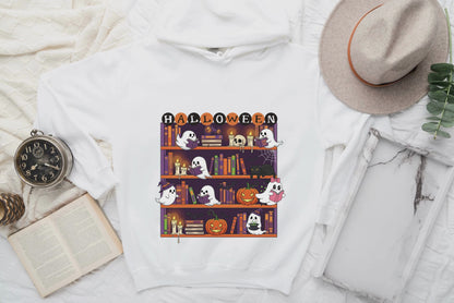 Halloween Ghost Bookcase Hoodie With Spider Webs On Sleeves