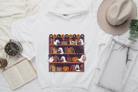 Halloween Ghost Bookcase Hoodie With Spider Webs On Sleeves