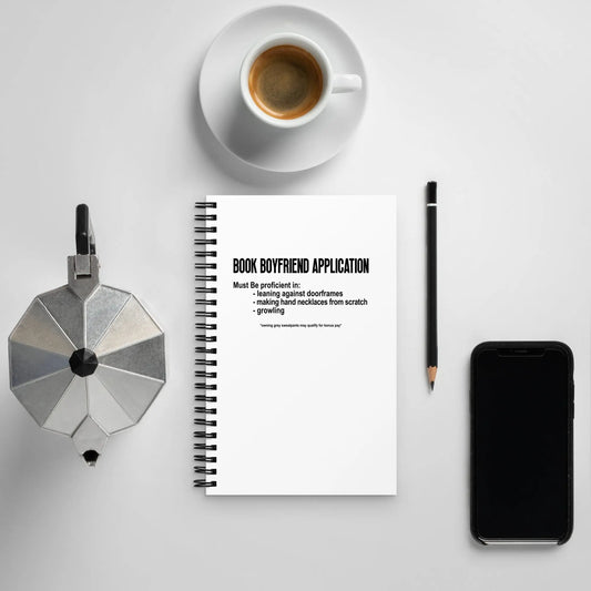 "Book Boyfriend Application" Spiral notebook bookish merch - TBRaring
