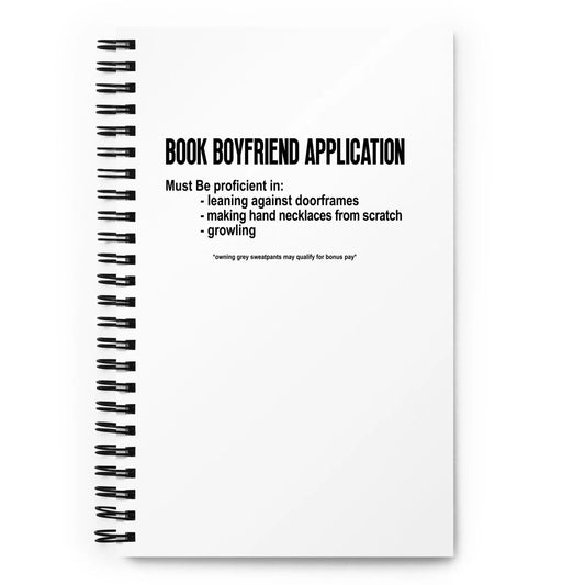 "Book Boyfriend Application" Spiral notebook bookish merch - TBRaring