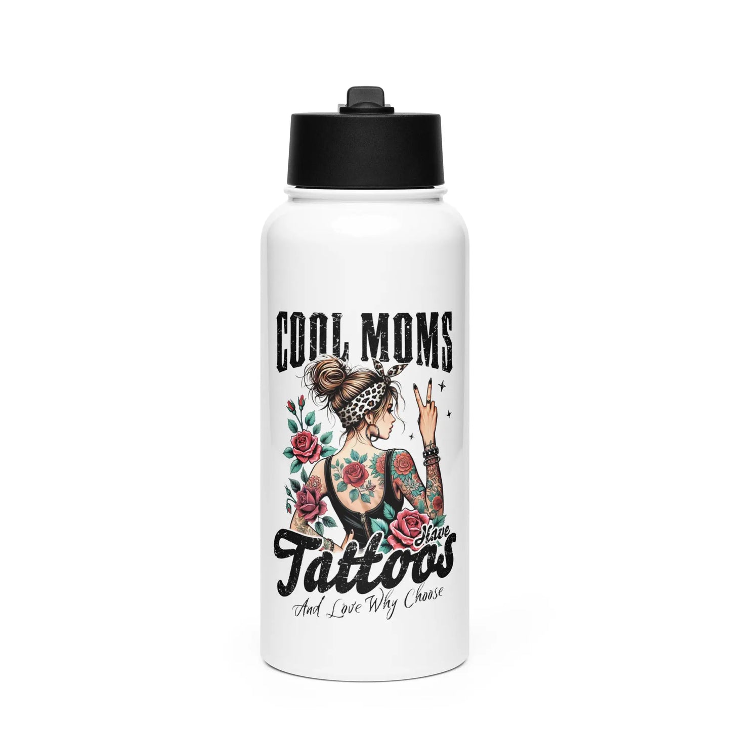 "Cool Moms Have Tattoos and Love Why Choose" Stainless steel water bottle with a straw lid Bookish Merch - TBRaring