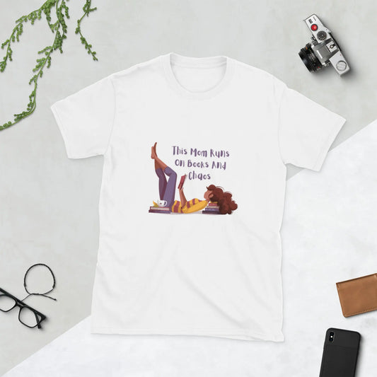 "This Mom Runs on Books and Chaos" Short - Sleeve Unisex Bookishly T-Shirt - TBRaring