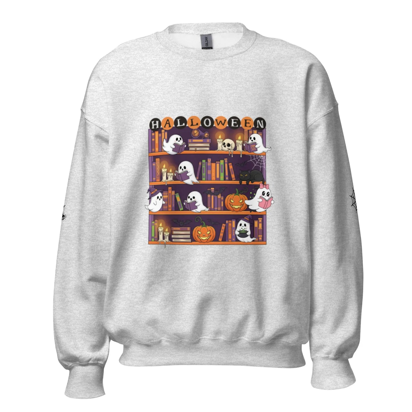 Halloween Bookcase Sweatshirt With Spider Webs On Sleeves - TBRaring