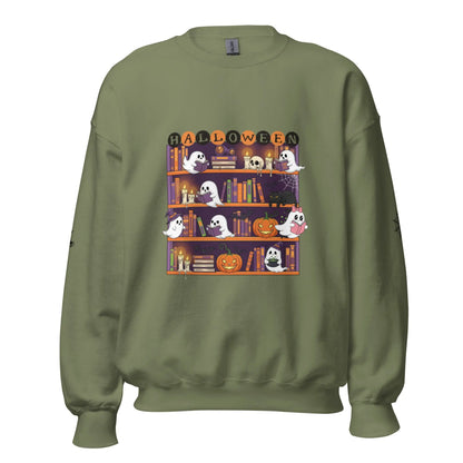 Halloween Bookcase Sweatshirt With Spider Webs On Sleeves - TBRaring