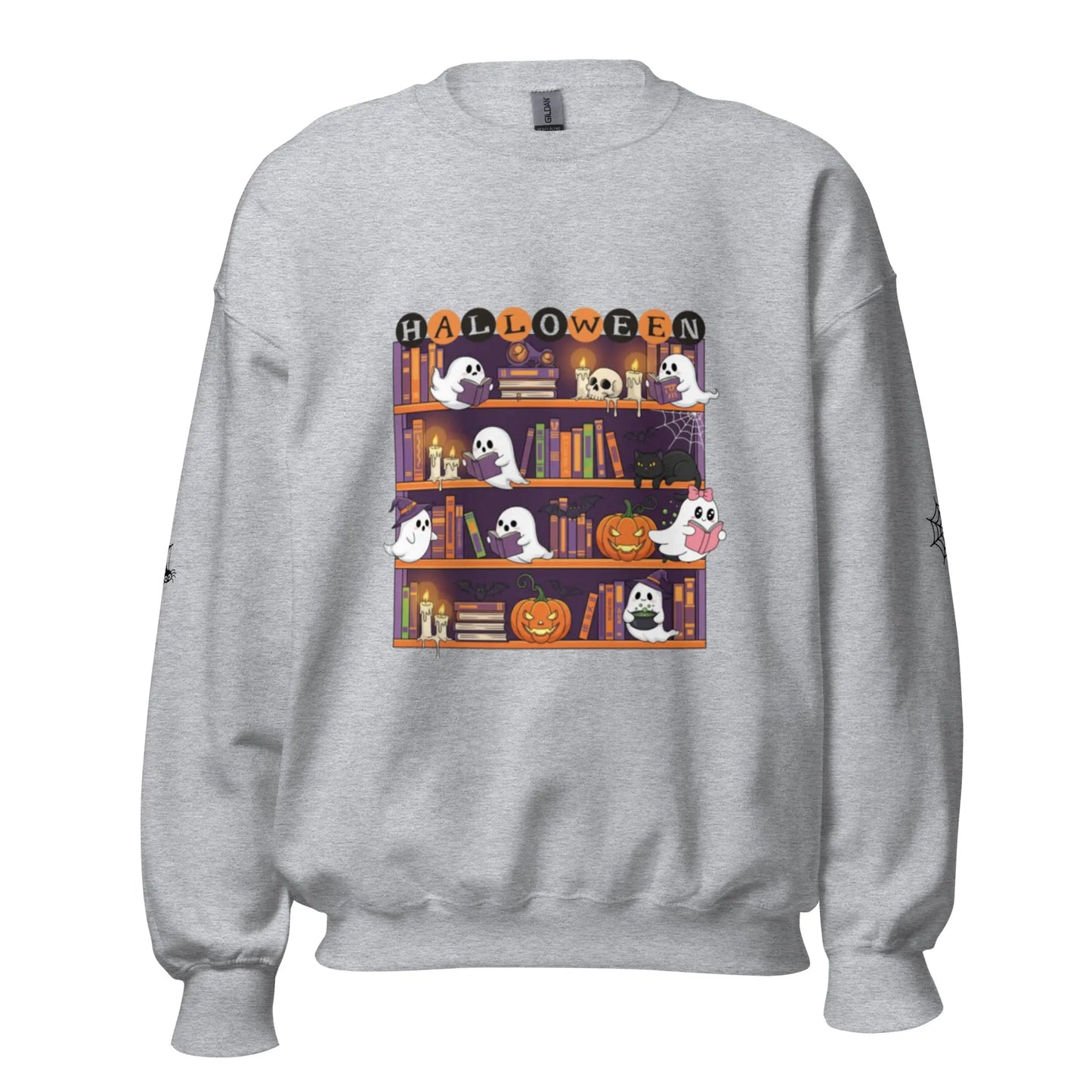 Halloween Bookcase Sweatshirt With Spider Webs On Sleeves - TBRaring