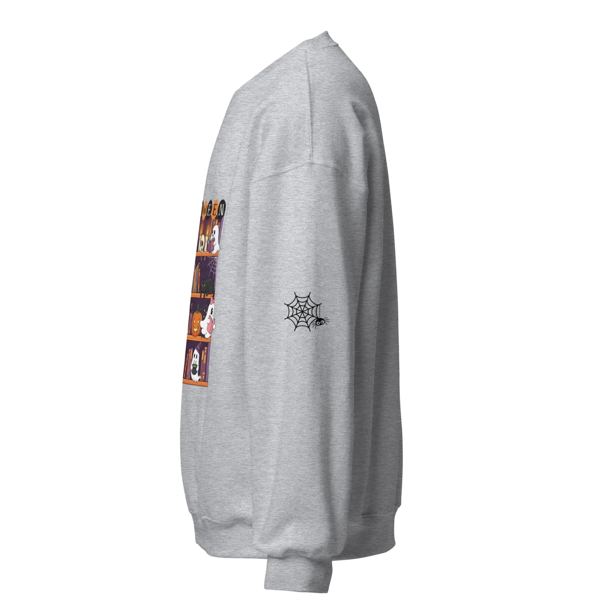 Halloween Bookcase Sweatshirt With Spider Webs On Sleeves - TBRaring