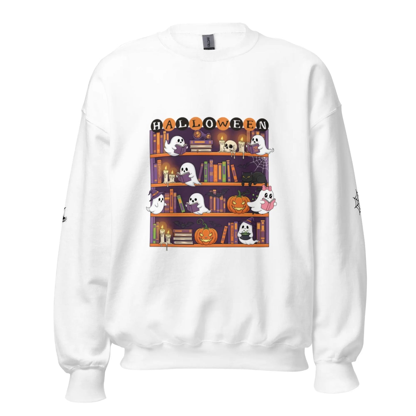 Halloween Bookcase Sweatshirt With Spider Webs On Sleeves - TBRaring