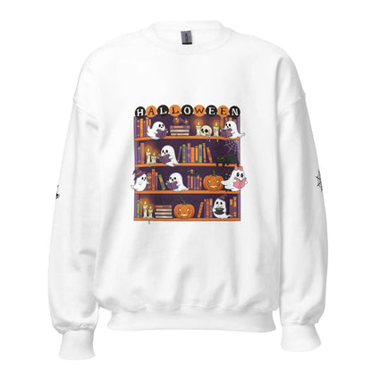 Halloween Bookcase Sweatshirt With Spider Webs On Sleeves - TBRaring