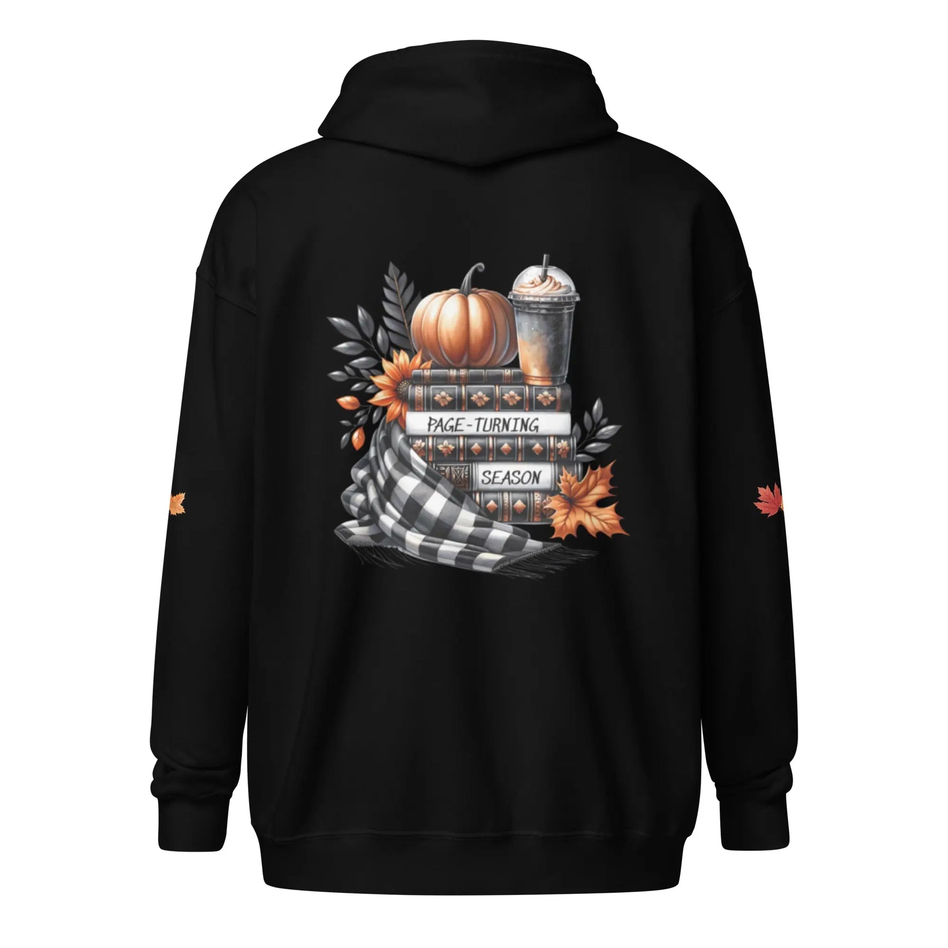 Page Turning Season Unisex heavy blend zip hoodie with leaf print on sleeves - TBRaring