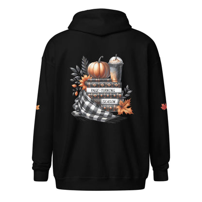 Page Turning Season Unisex heavy blend zip hoodie with leaf print on sleeves - TBRaring