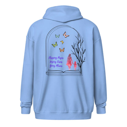 "Flipping Pages Wiping Faces Going Places" Unisex heavy blend zip hoodie bookish merch - TBRaring