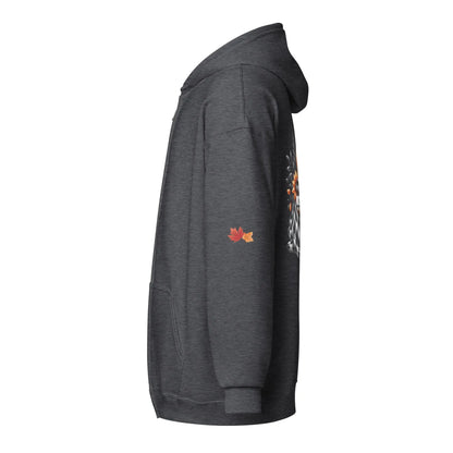 Page Turning Season Unisex heavy blend zip hoodie with leaf print on sleeves - TBRaring