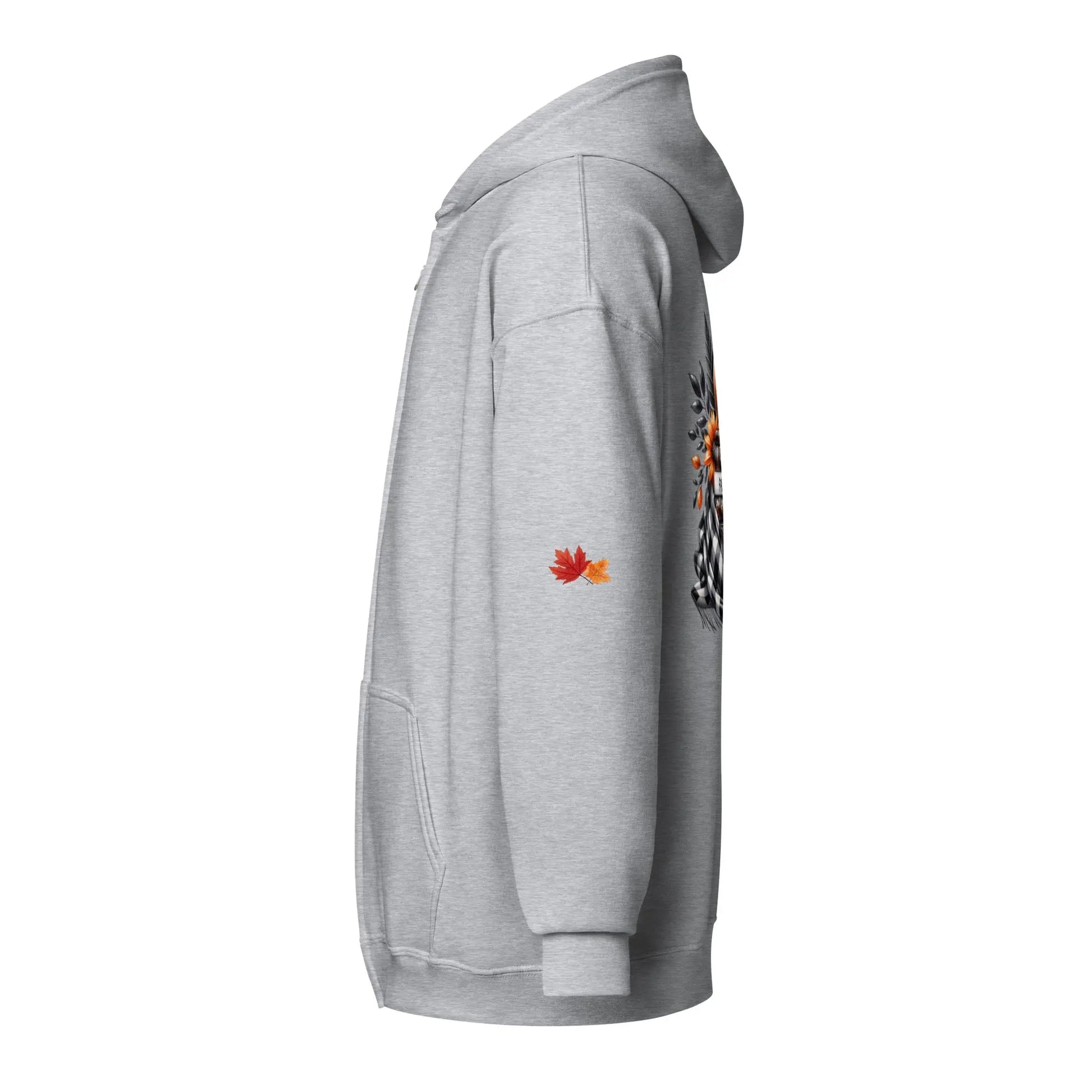 Page Turning Season Unisex heavy blend zip hoodie with leaf print on sleeves - TBRaring
