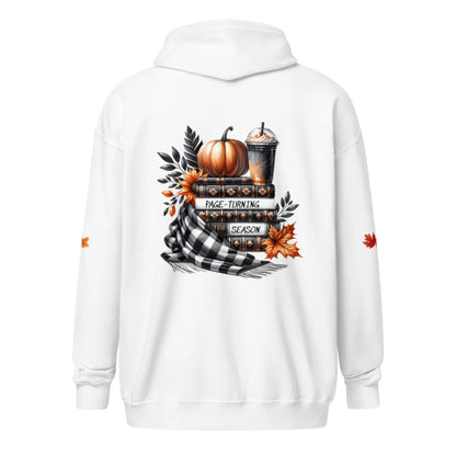 Page Turning Season Unisex heavy blend zip hoodie with leaf print on sleeves - TBRaring