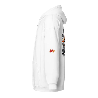Page Turning Season Unisex heavy blend zip hoodie with leaf print on sleeves - TBRaring