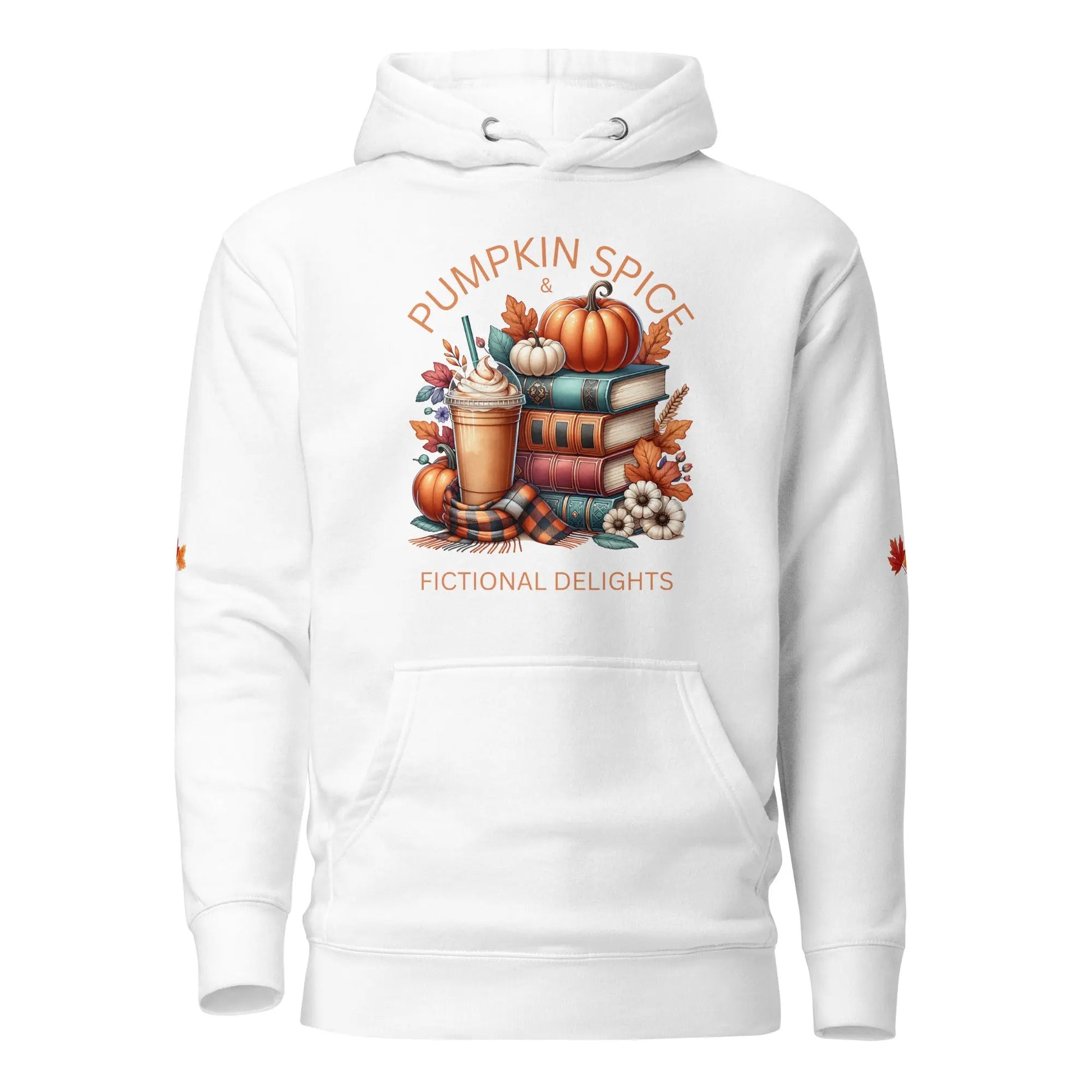 Pumpkin Spice & Fictional Delights Unisex Hoodie With Leaves on Sleeves - TBRaring