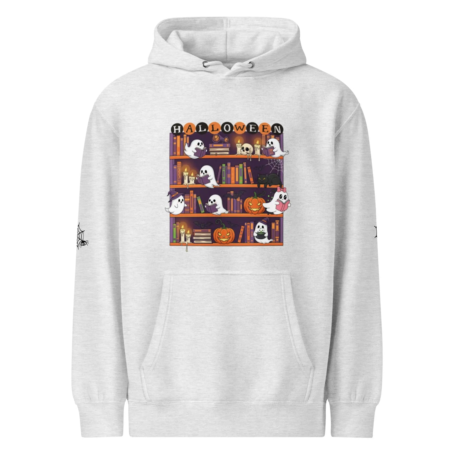 Halloween Ghost Bookcase Hoodie With Spider Webs On Sleeves - TBRaring
