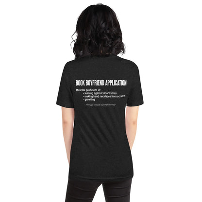 "Book Boyfriend Application" Unisex t-shirt bookish merch - TBRaring