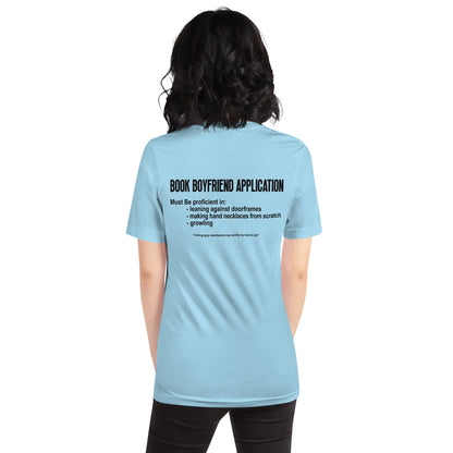 "Book Boyfriend Application" Unisex t-shirt bookish merch - TBRaring