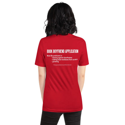 "Book Boyfriend Application" Unisex t-shirt bookish merch - TBRaring