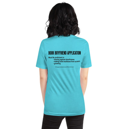 "Book Boyfriend Application" Unisex t-shirt bookish merch - TBRaring